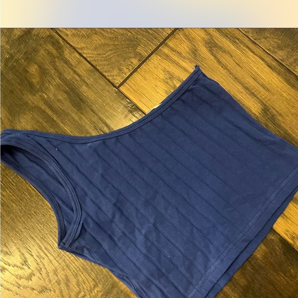One-Shoulder Blue Ribbed Top - Picture 2 of 3